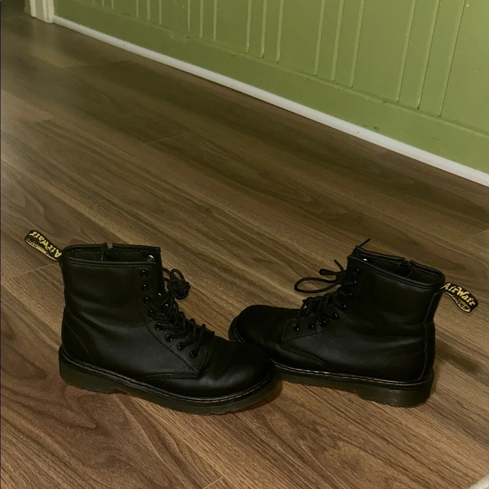 Dr. Martens Black Leather Lace-Up Boots with Yellow Pull Tab
